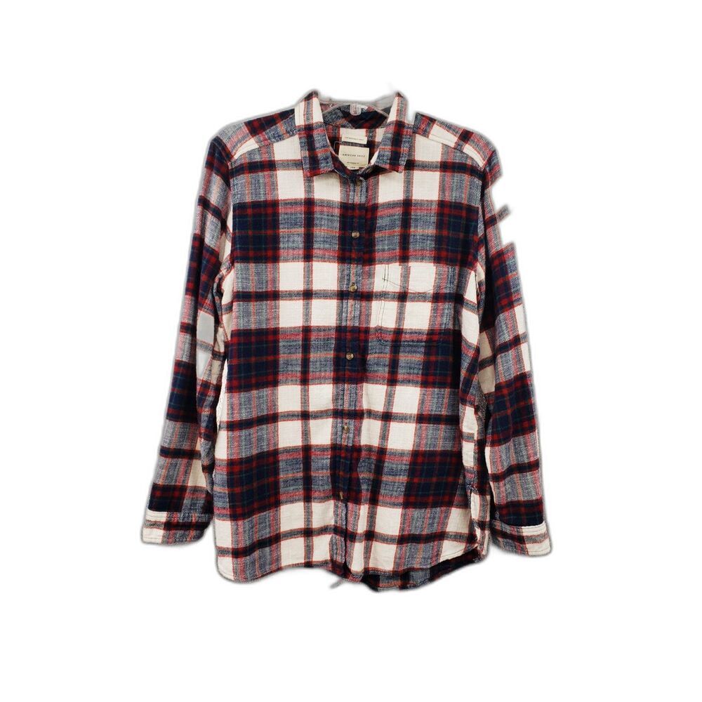 American Eagle Ahh-mazingly Soft Flannel Shirt Size L Plaid Ivory Navy Boyfriend